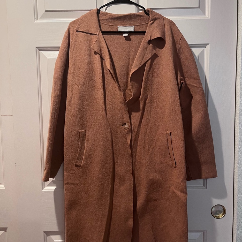 Long Rust Sweater Trench Coat with Notch Collar